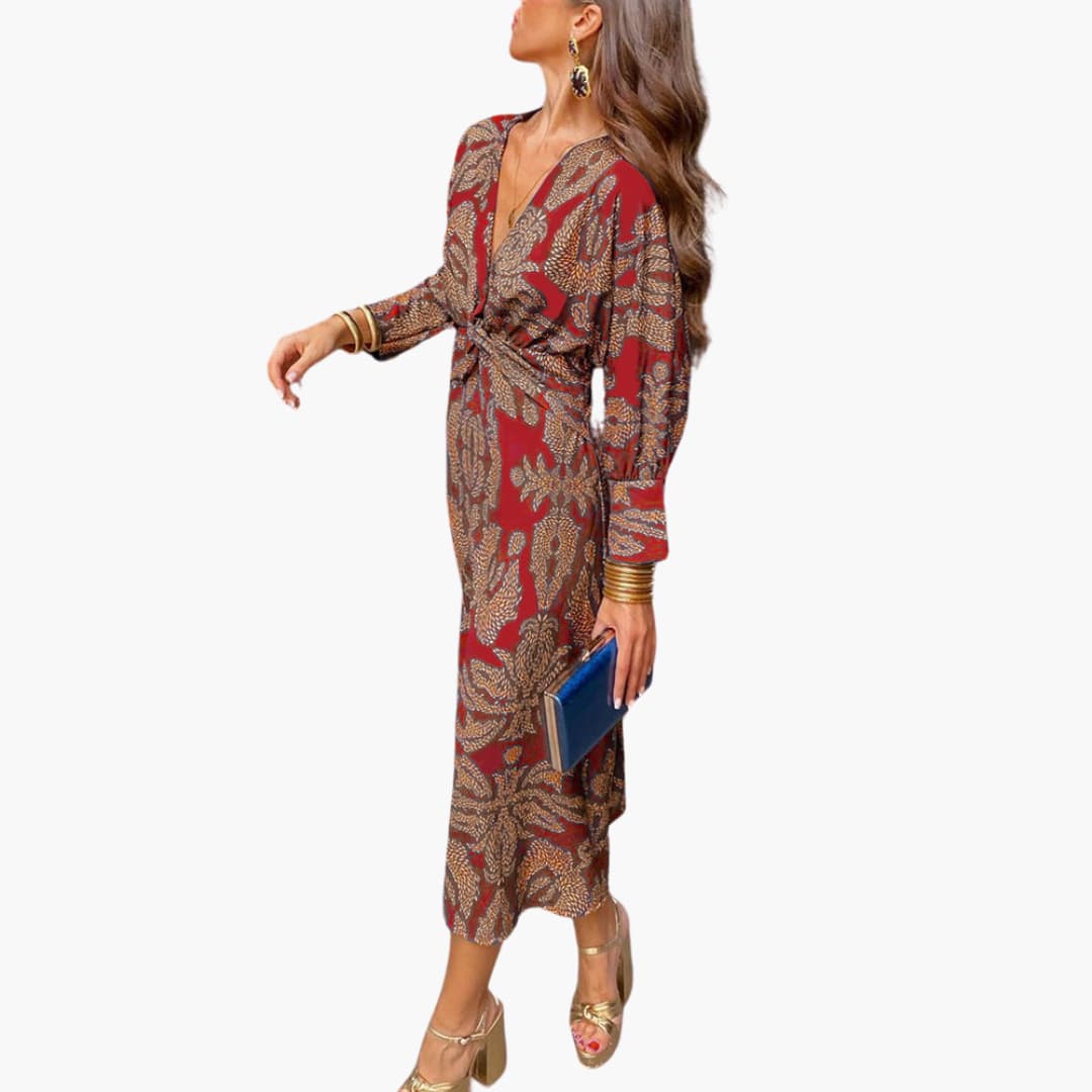 Midikleid für Damen - Blumenmuster, Langarm & V-Ausschnitt