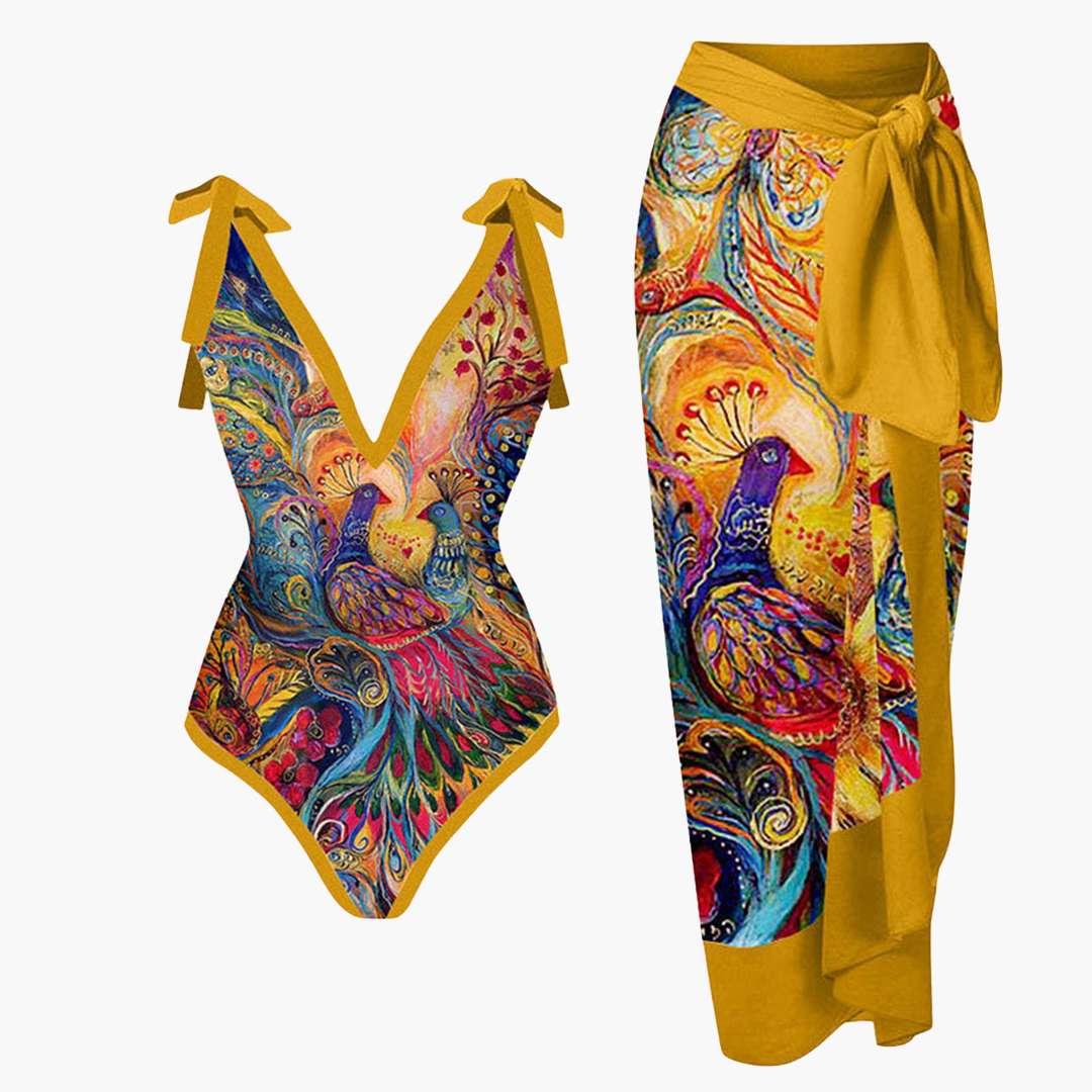 Badeanzug-Set für Damen - mit Blumenmuster und Pareo-Überwurf