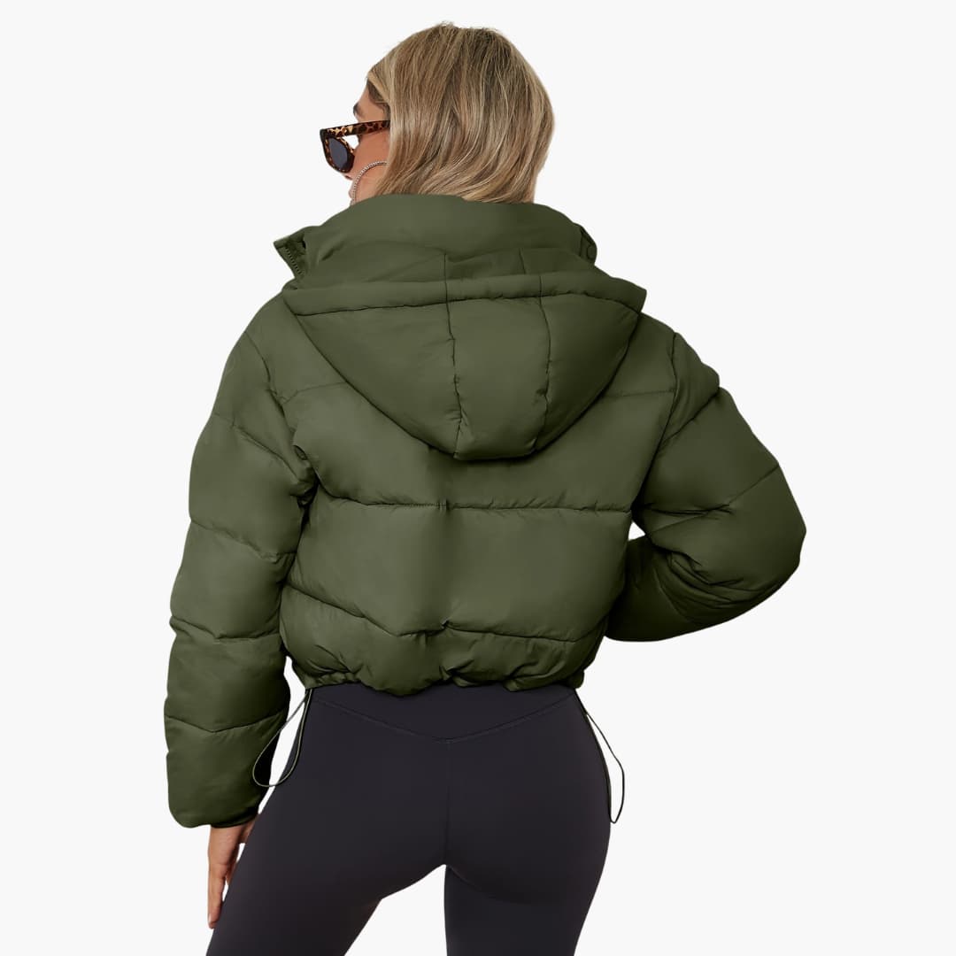 Damenkurze Jacke mit Kapuze und Reißverschluss