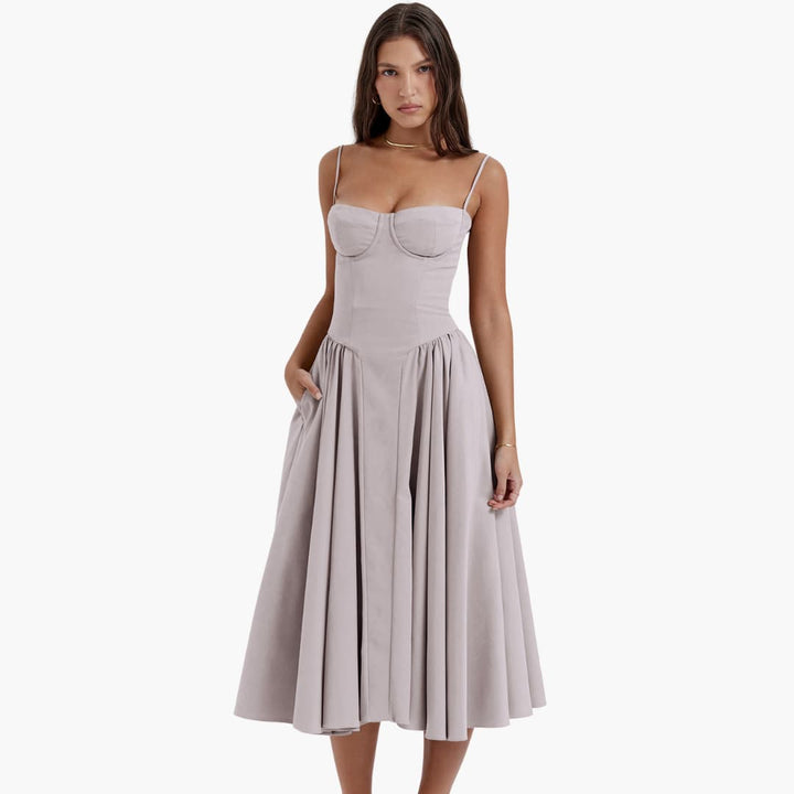 Midikleid Damen – Retro Corsagenkleid mit Trägern Sommer