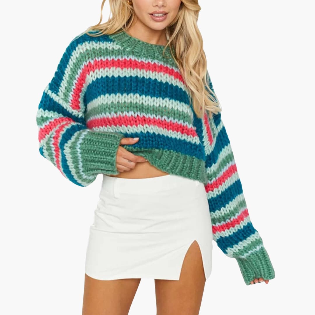 Damen Oversize Pullover mit Streifenmuster und Rundhalsausschnitt