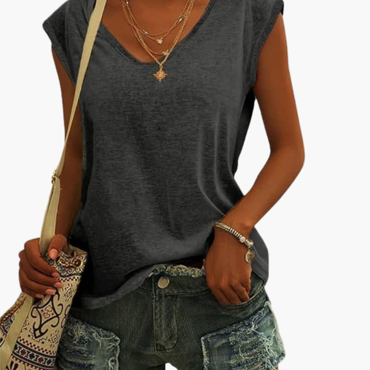 Damen V-Ausschnitt Top mit Cap-Ärmeln und Stretchmaterial