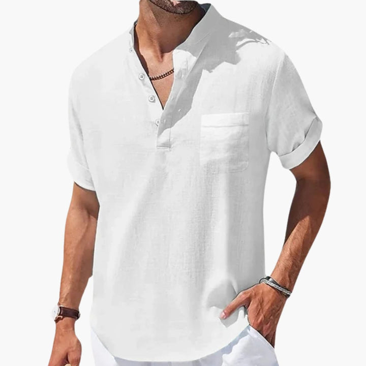 Herren Sommer T-Shirt mit Knopfleiste und Stehkragen