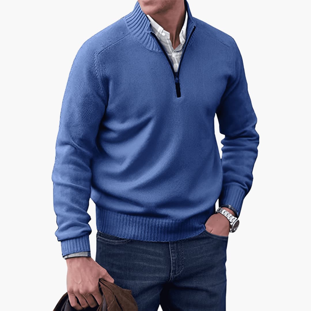 Herren pullover mit Reißverschluss-Ausschnitt und geripptem Saum