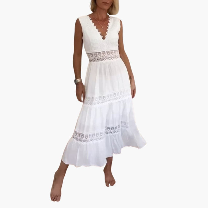Damen Spitzenkleid ohne Ärmel mit V-Rücken und Stufenrock