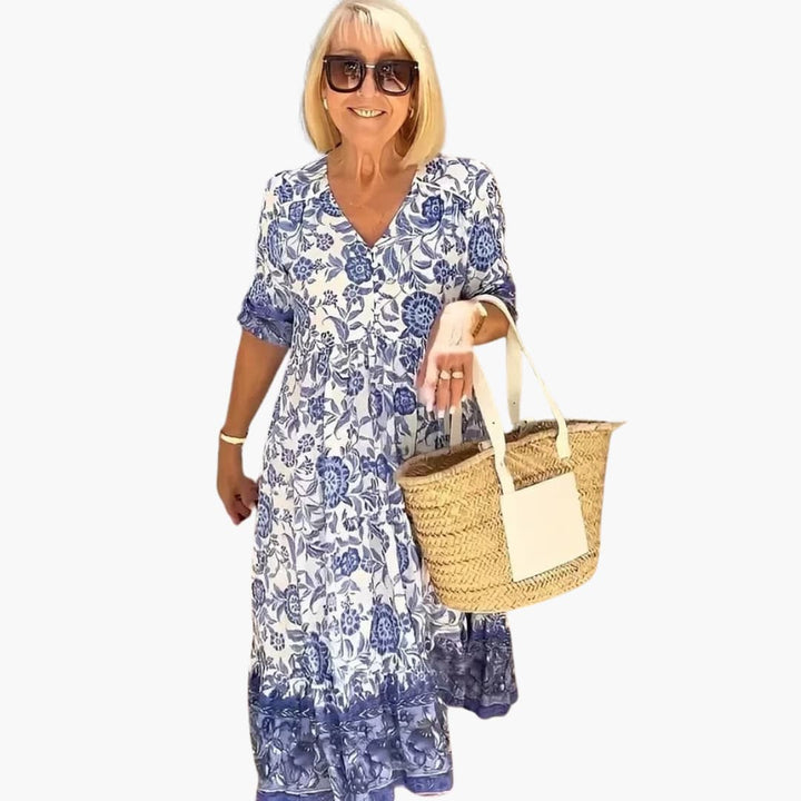 Boho Kleid Damen - Geblümtes Kleid mit V-Ausschnitt Sommer