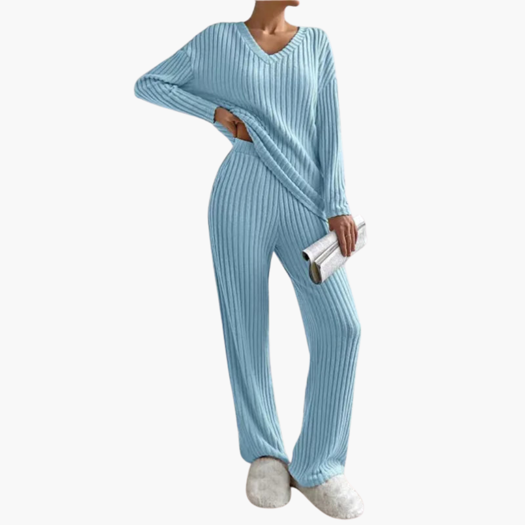 Damen Lounge Set mit V-Ausschnitt und gerippter Oberfläche