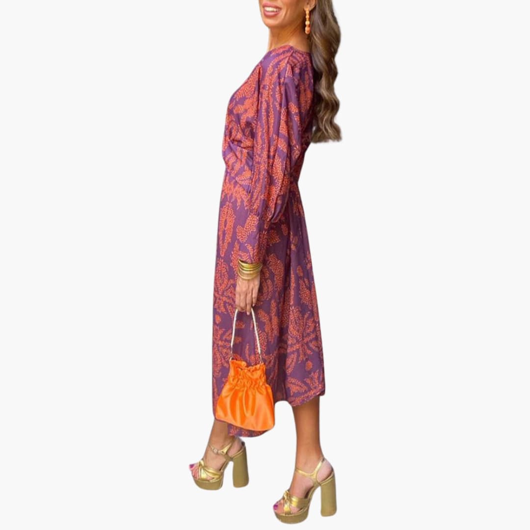 Midikleid für Damen - Blumenmuster, Langarm & V-Ausschnitt