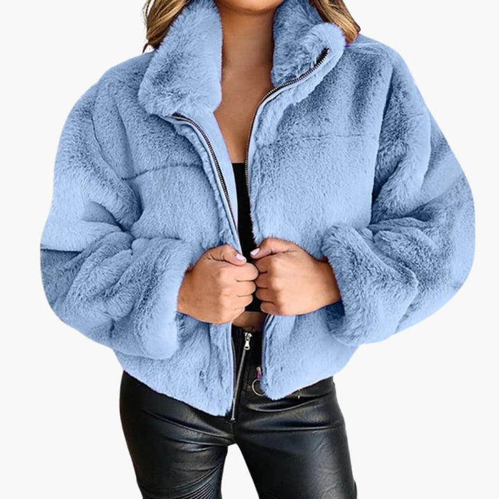 Damen Kunstpelzjacke mit Reißverschluss und Stehkragen