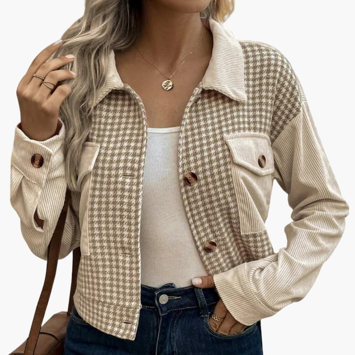 Damen Cordjacke mit Hahnentrittmuster und Knopfdetails