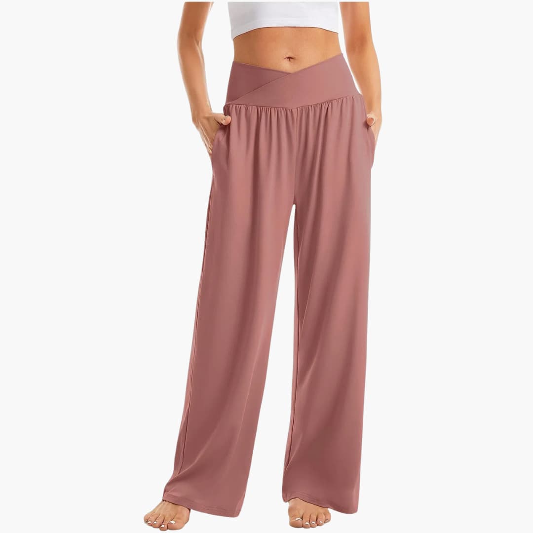 Damenhose mit weitem Bein, überkreuztem Bund und Seitentaschen