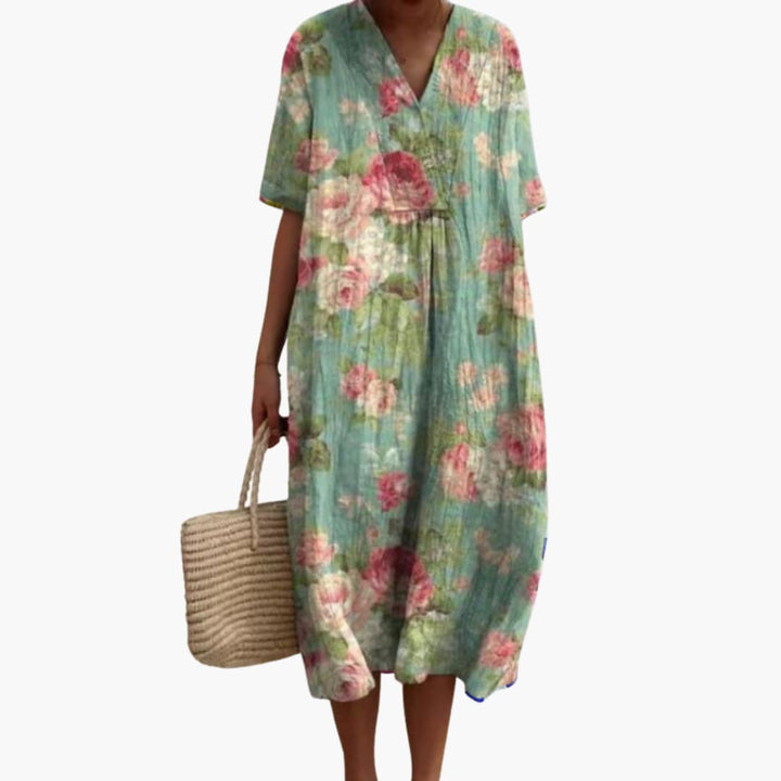 Damen Midikleid mit V-Ausschnitt und kurzen Ärmeln