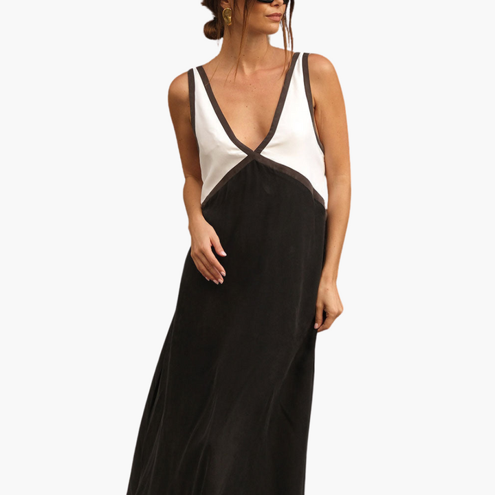 Leichtes V-Ausschnitt Maxi-Kleid für Frauen - Farbblock Design