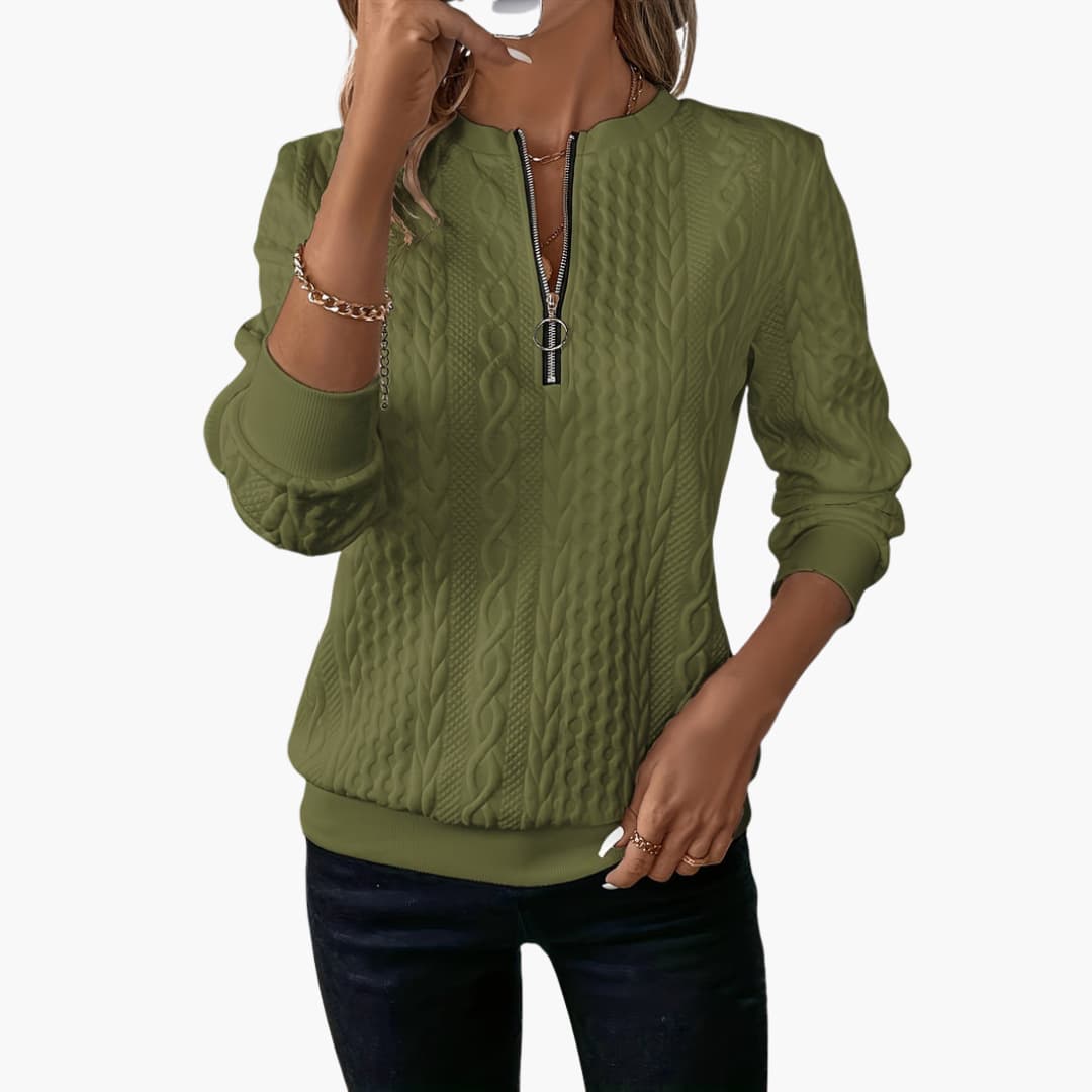 Damen pullover mit Reißverschluss am Ausschnitt und Zopfmuster Oberfläche