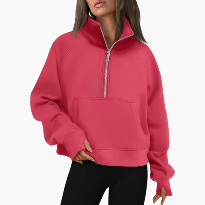 Damen Sweatshirt mit Reißverschluss am Ausschnitt und Kängurutasche