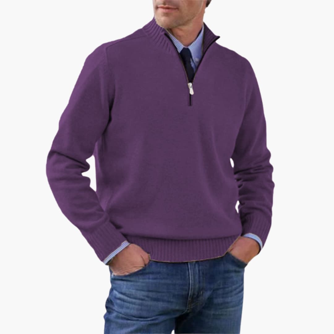 Herren pullover mit halbem Reißverschluss und geripptem Saum