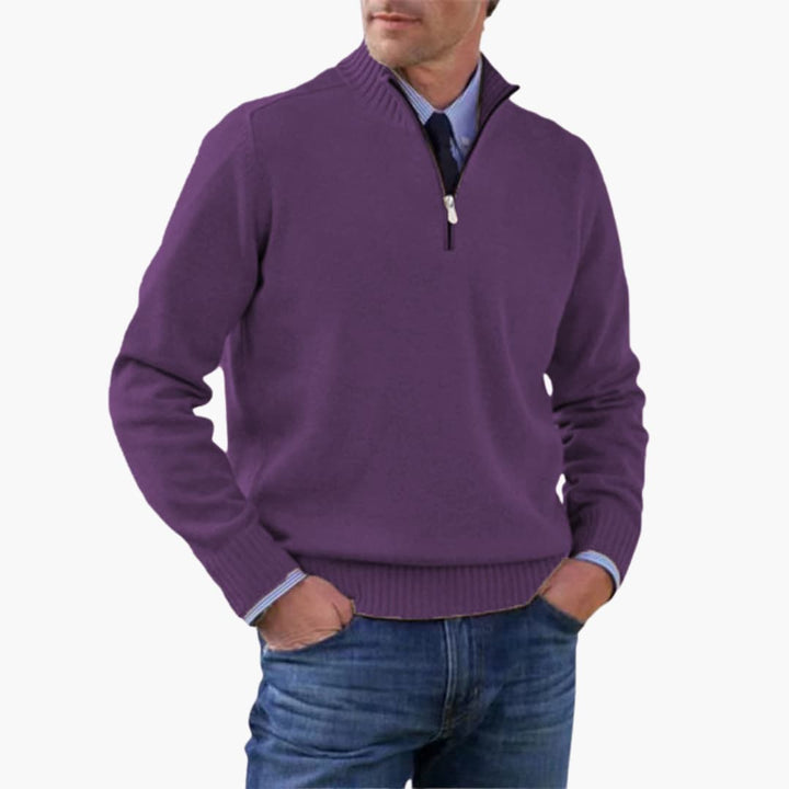 Herren pullover mit halbem Reißverschluss und geripptem Saum