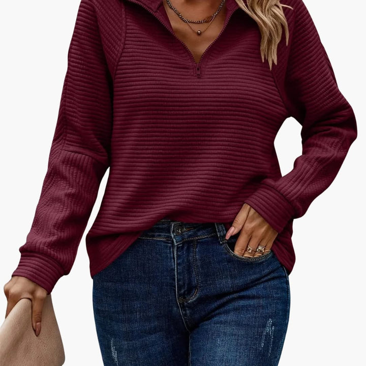 Damen Halbzip Pullover mit Rippstruktur und Stehkragen