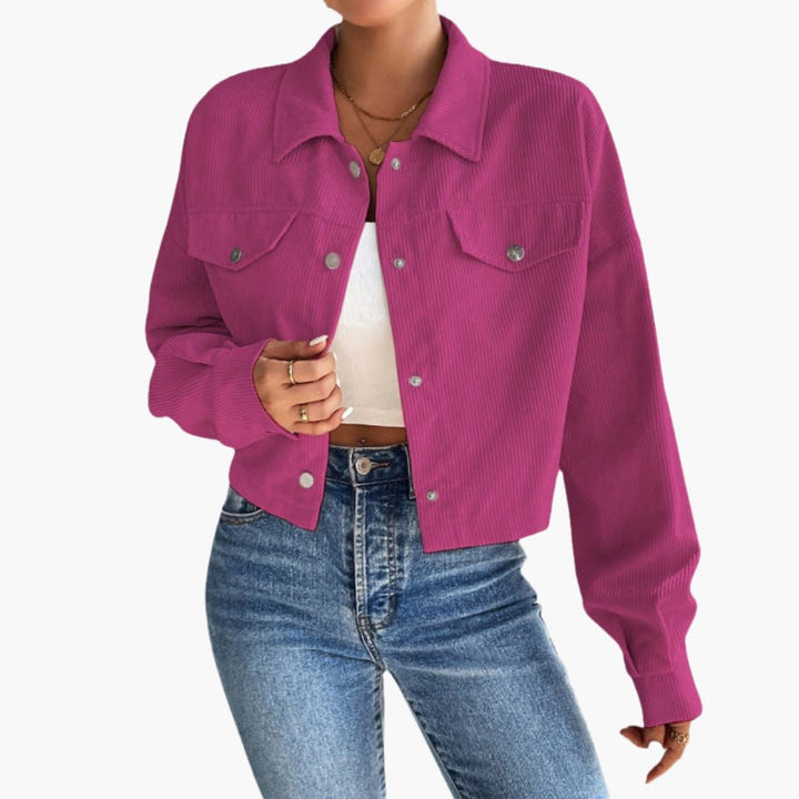 Damen Cropped Cordjacke mit Druckknöpfen
