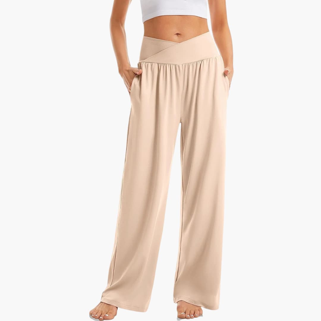 Damenhose mit weitem Bein, überkreuztem Bund und Seitentaschen