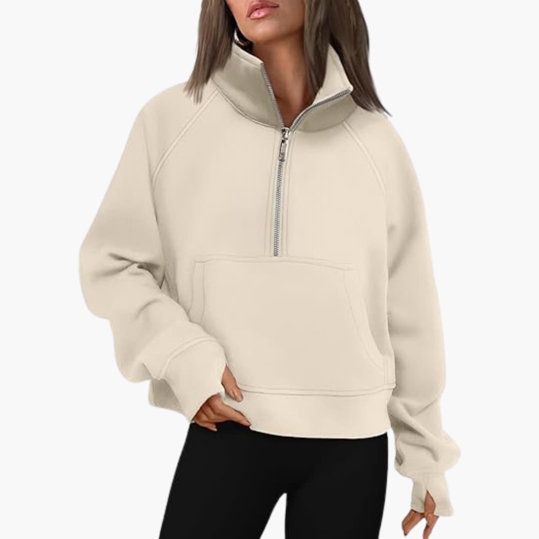 Damen Sweatshirt mit Reißverschluss am Ausschnitt und Kängurutasche
