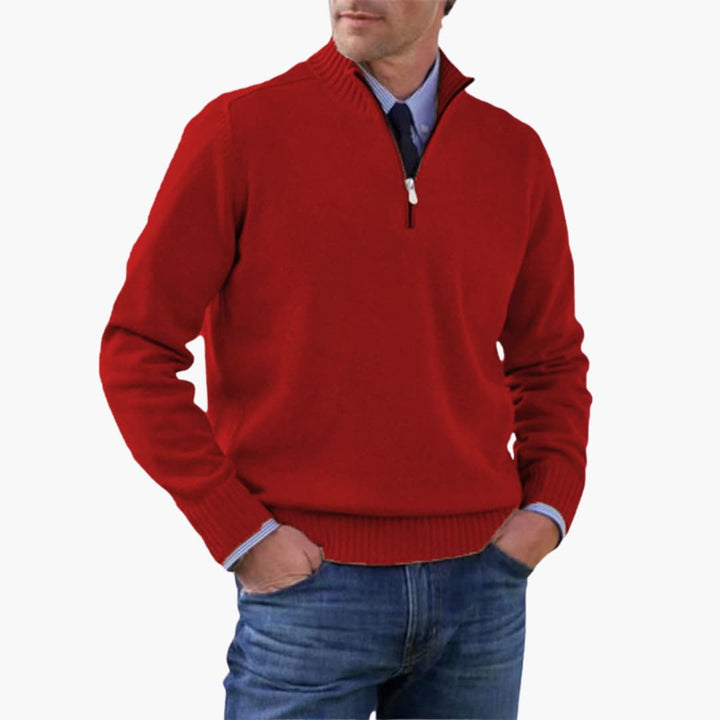 Herren pullover mit halbem Reißverschluss und geripptem Saum