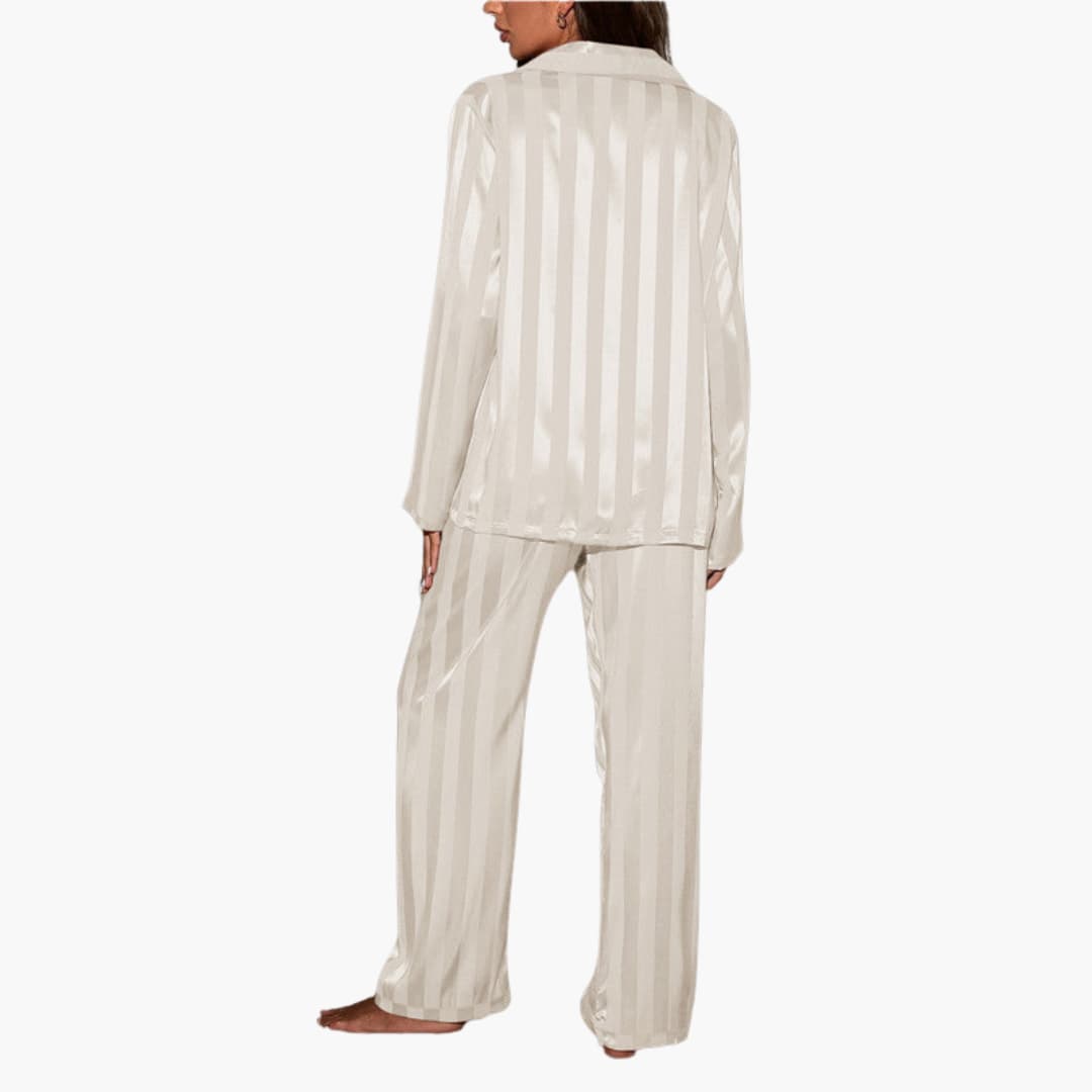 Damen Satin Pyjama Set mit Knopfoberteil und Streifendesign
