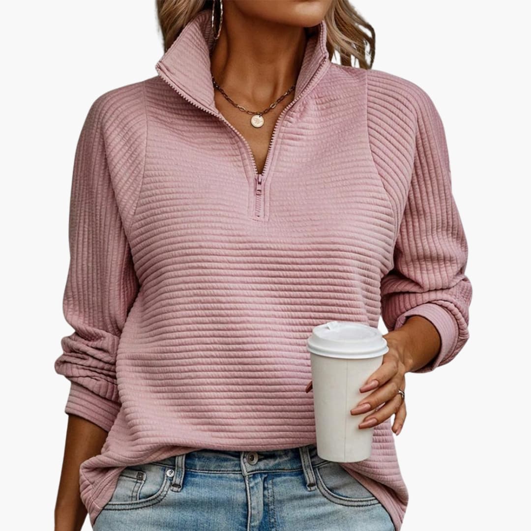 Damen Halbzip Pullover mit Rippstruktur und Stehkragen