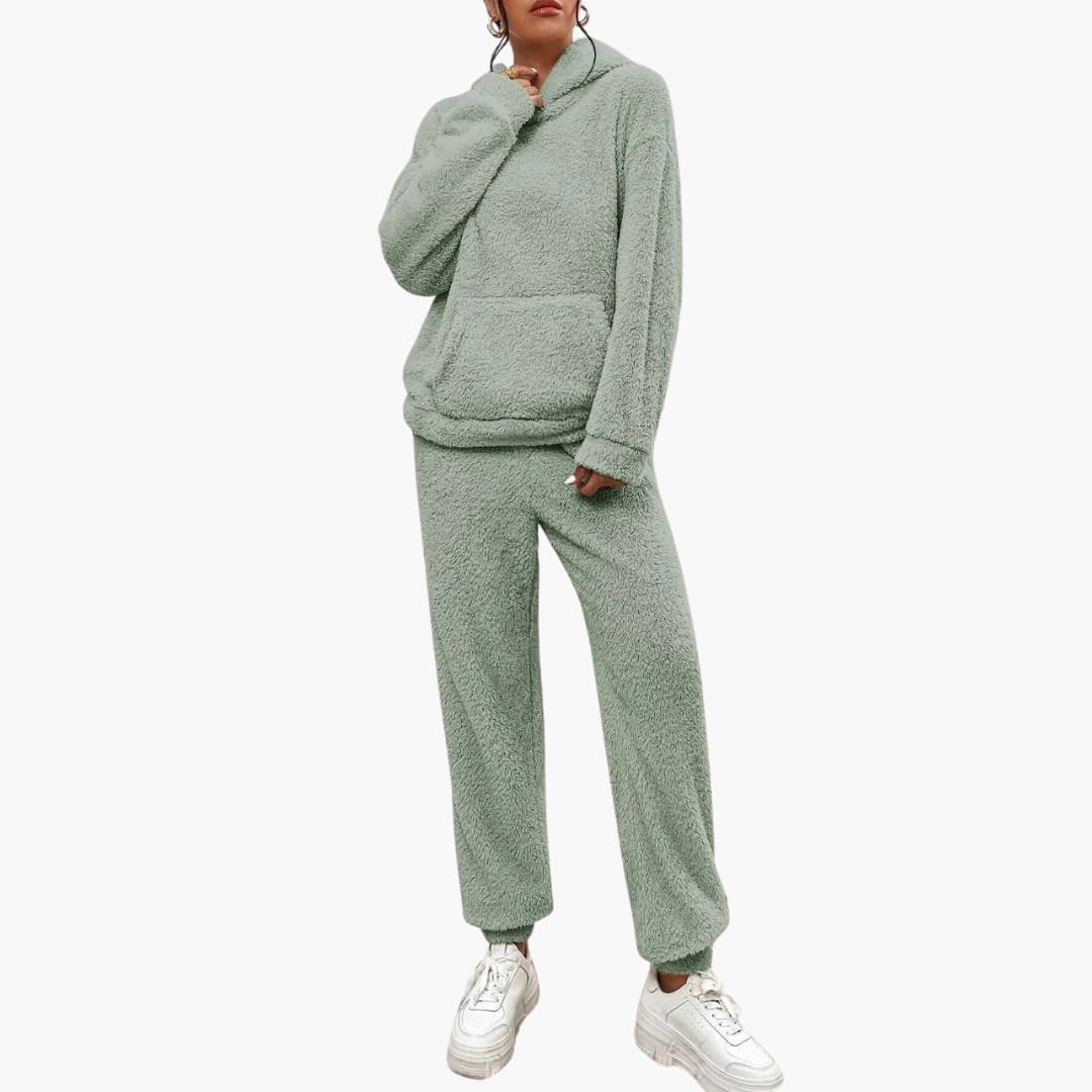 Damen Teddy Hoodie und Hosen Set mit Kängurutasche