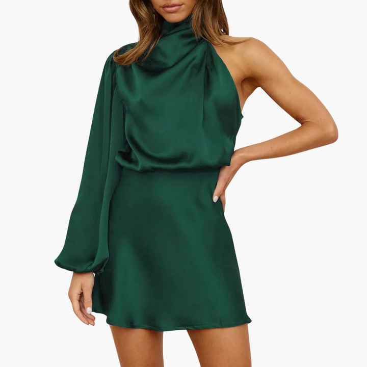 Satin-Halterkleid - für Damen mit asymmetrischem Ärmel