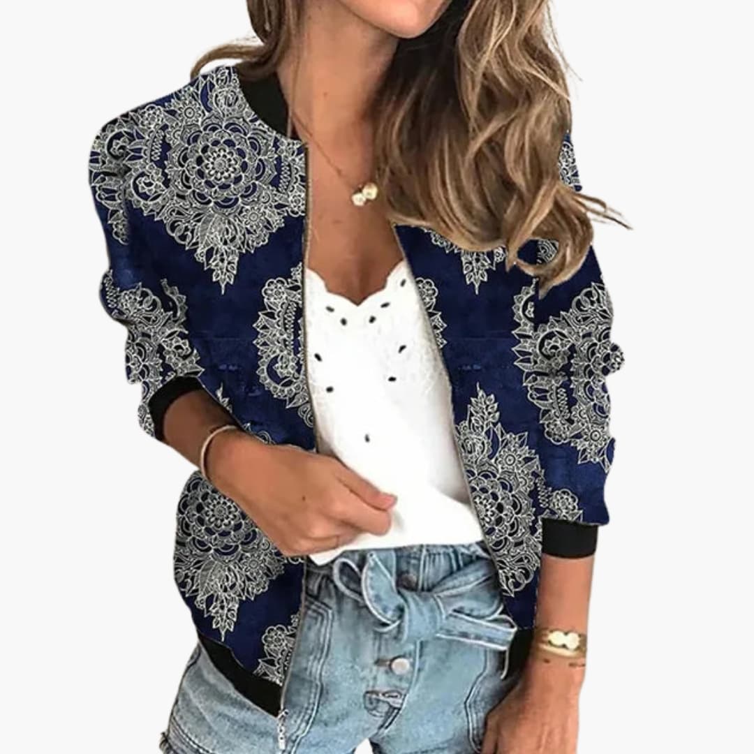 Damen Bomberjacke mit Blumenmuster und Reißverschluss