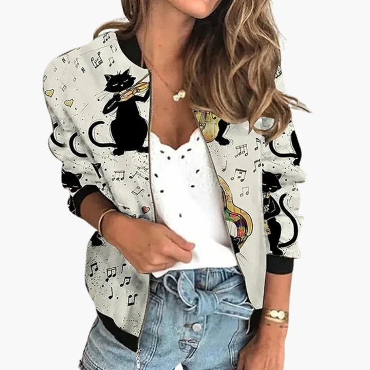 Damen Bomberjacke mit Blumenmuster und Reißverschluss