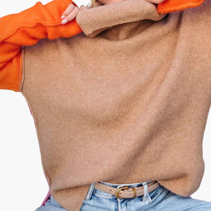 Damen Colorblock Strickpullover mit hohem Kragen