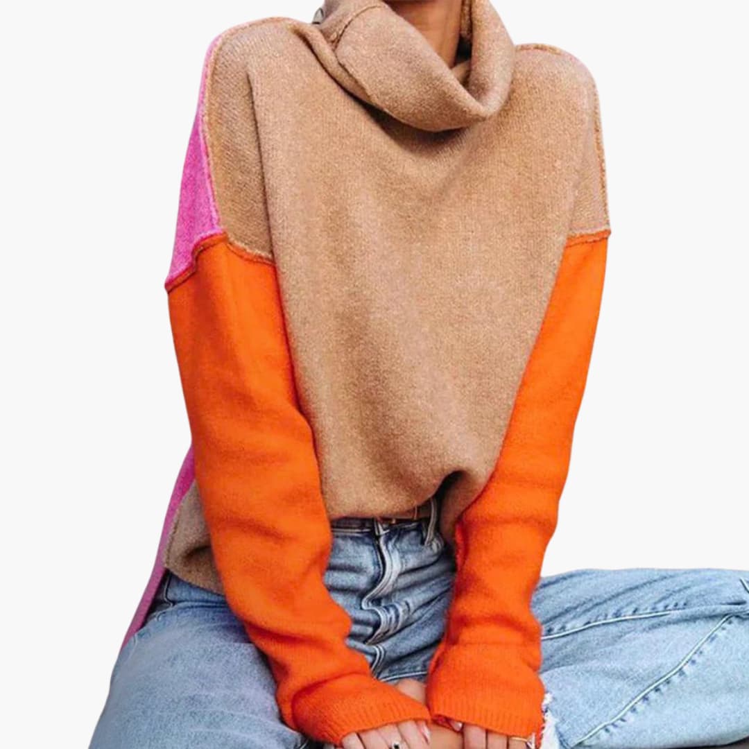 Damen Colorblock Strickpullover mit hohem Kragen
