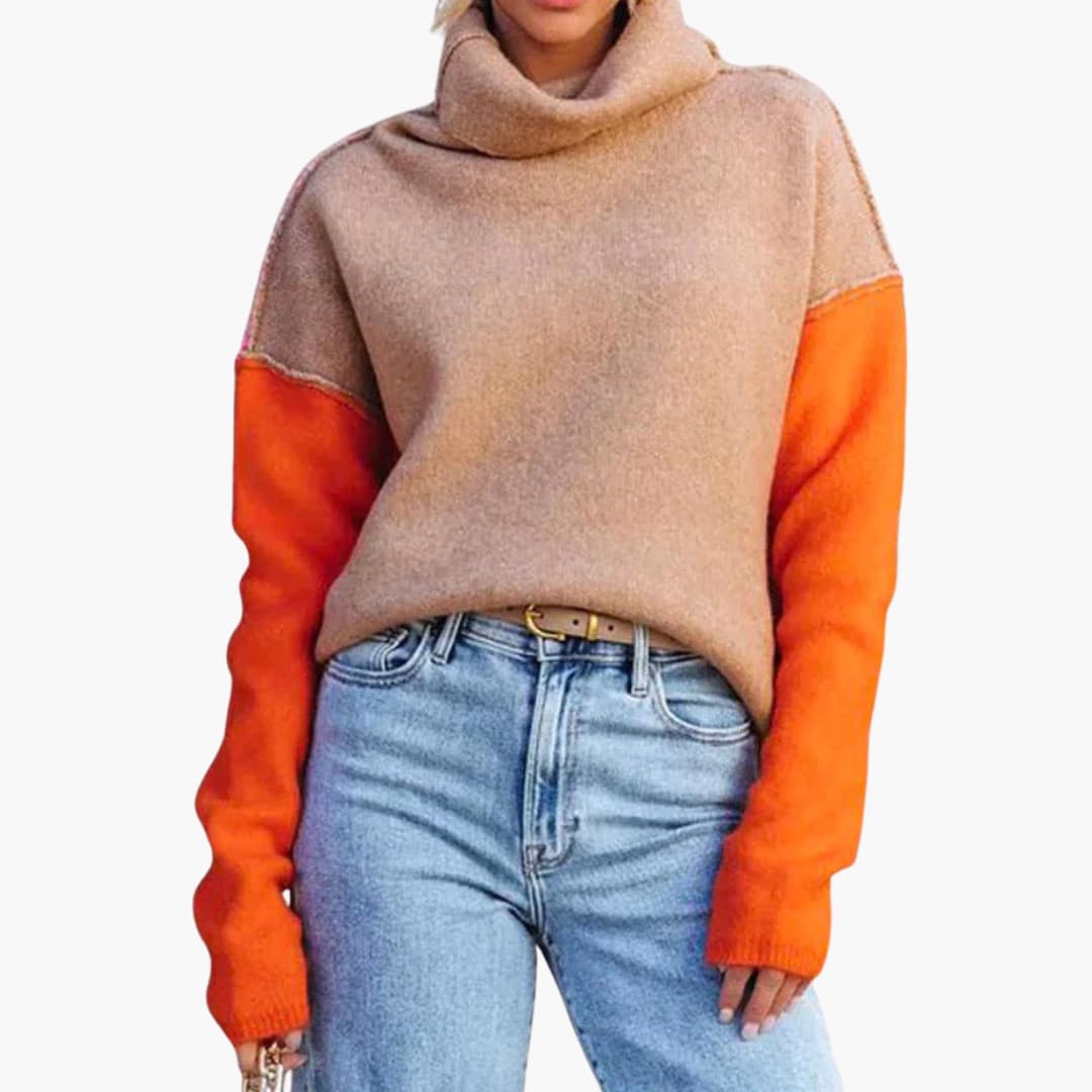 Damen Colorblock Strickpullover mit hohem Kragen