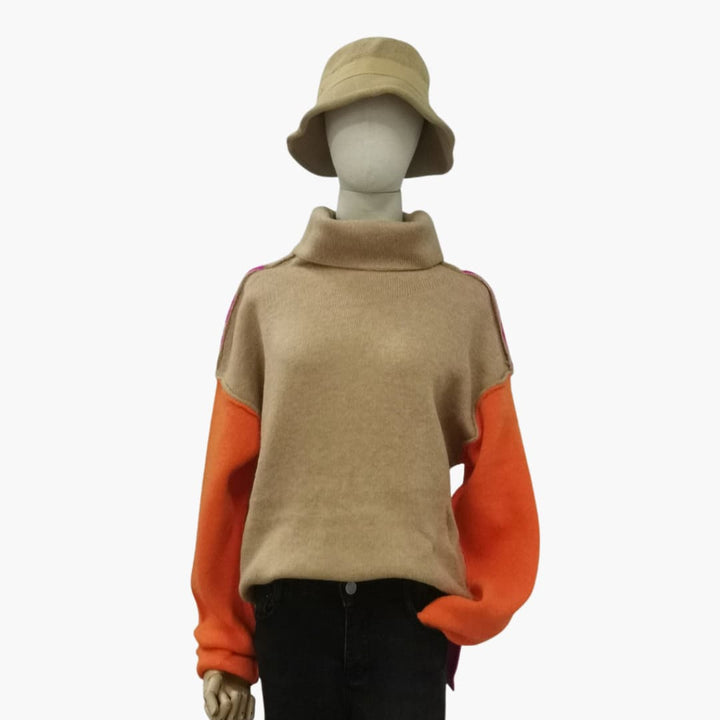 Damen Colorblock Strickpullover mit hohem Kragen