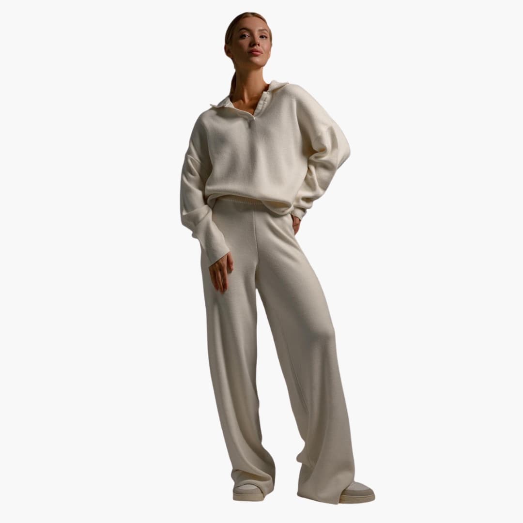 Damen Hausanzug mit Kragenoberteil und weiter Hose