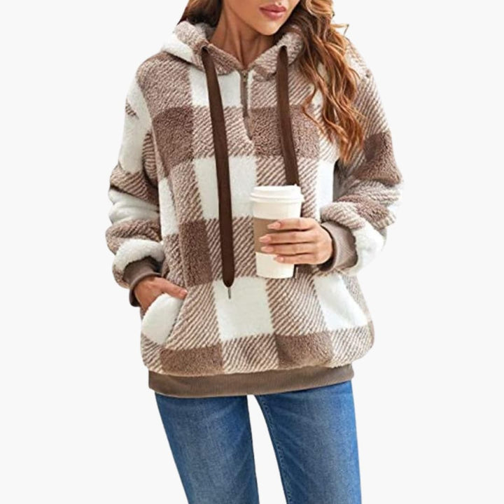 Damen Kapuzenpullover mit Halbzipp und Karomuster