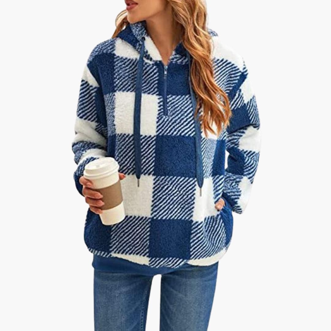 Damen Kapuzenpullover mit Halbzipp und Karomuster