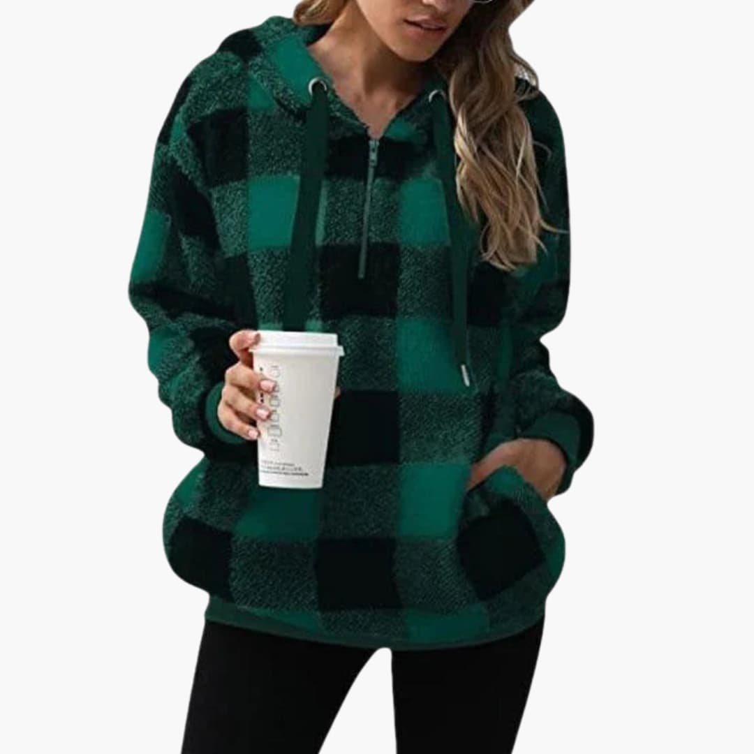 Damen Kapuzenpullover mit Halbzipp und Karomuster