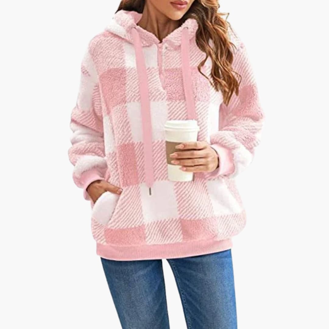 Damen Kapuzenpullover mit Halbzipp und Karomuster