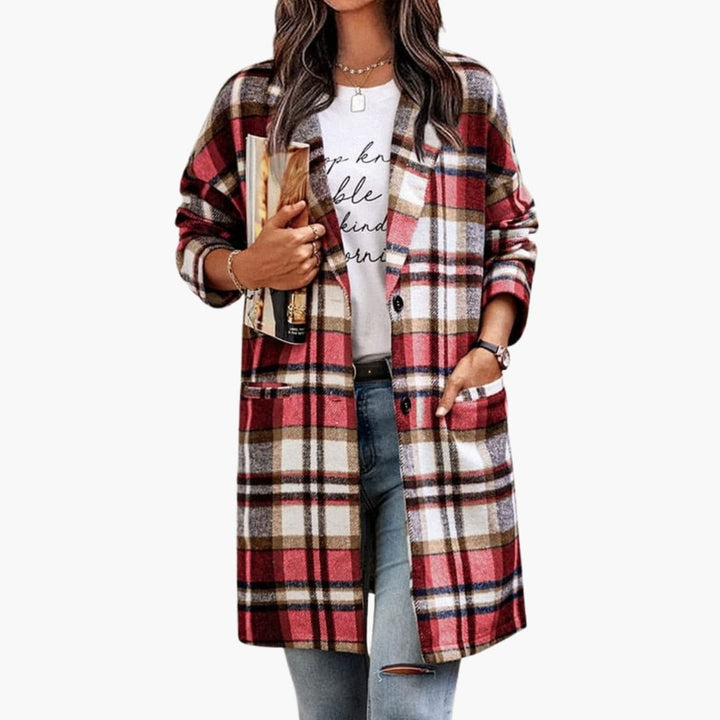 Damen Karo Jacke mit Frontknöpfen und langen Ärmeln
