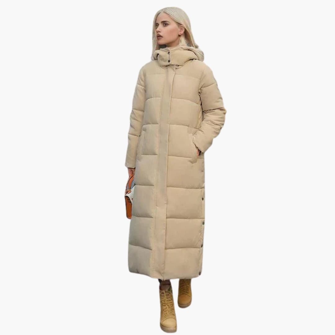 Damen Langer Wintermantel mit Kapuze und Knopfverschluss