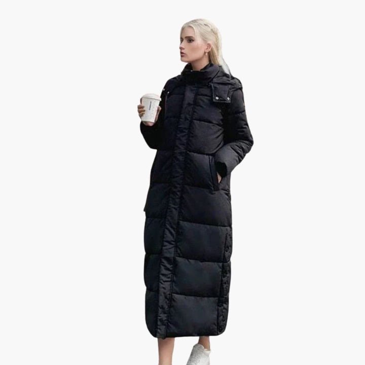 Damen Langer Wintermantel mit Kapuze und Knopfverschluss