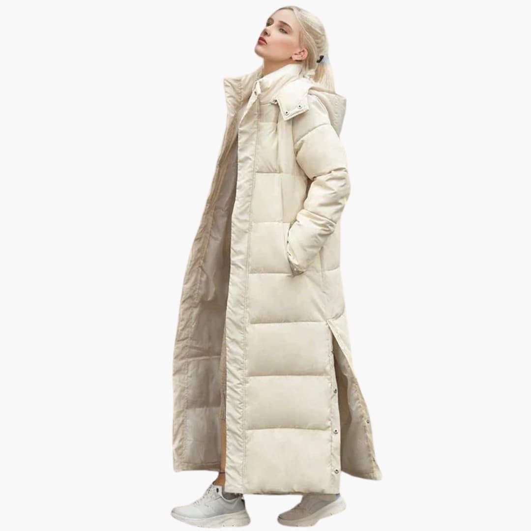 Damen Langer Wintermantel mit Kapuze und Knopfverschluss