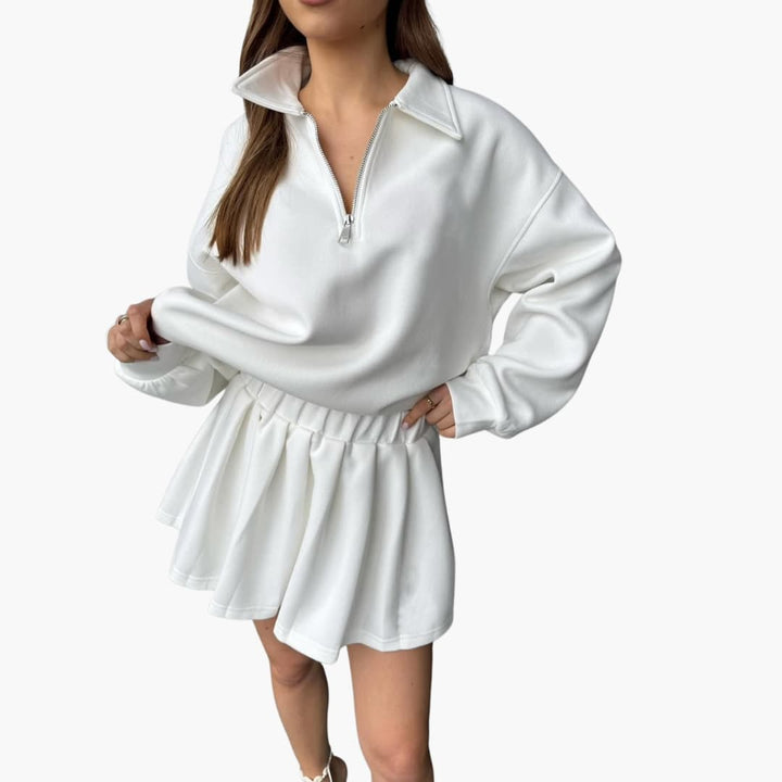 Damen Pullover mit Halbzipp und Faltenrock