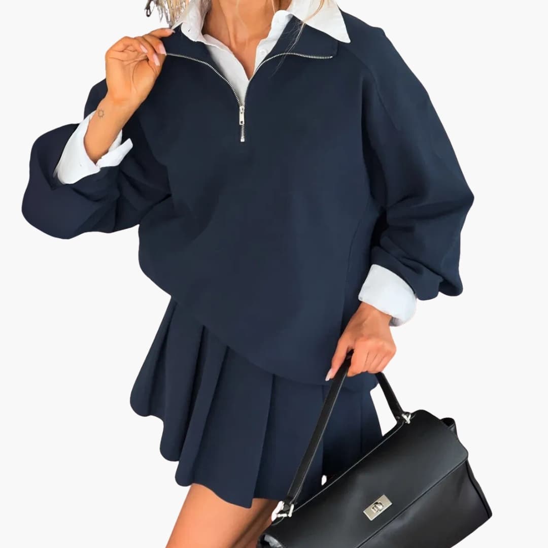Damen Pullover mit Halbzipp und Faltenrock