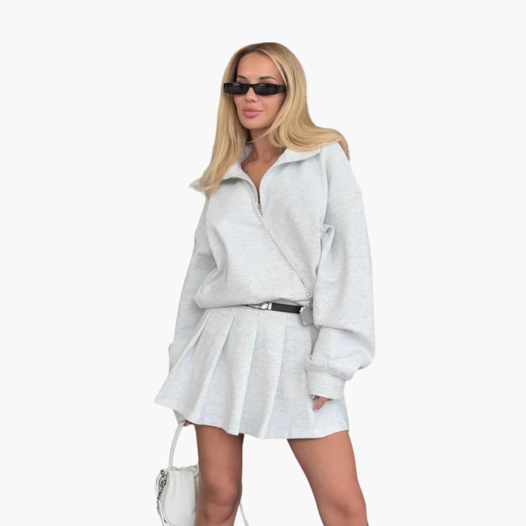 Damen Pullover mit Halbzipp und Faltenrock