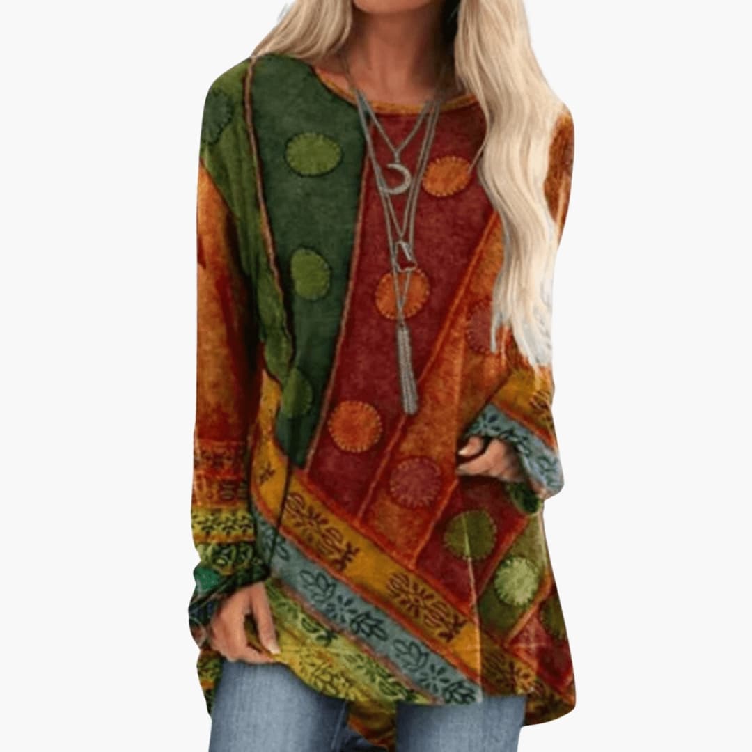 Damen Langarm-Tunika mit künstlerischem Patchwork-Muster