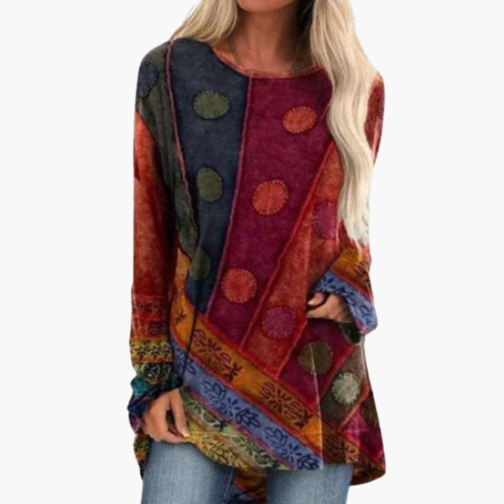 Damen Langarm-Tunika mit künstlerischem Patchwork-Muster